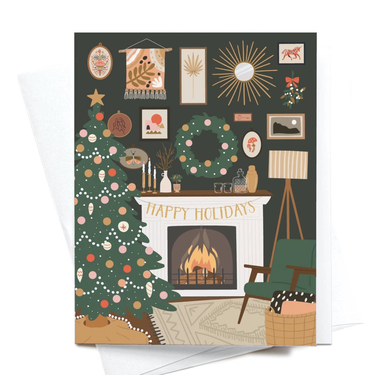 "Happy Holidays" Cozy Fireplace Greeting Card